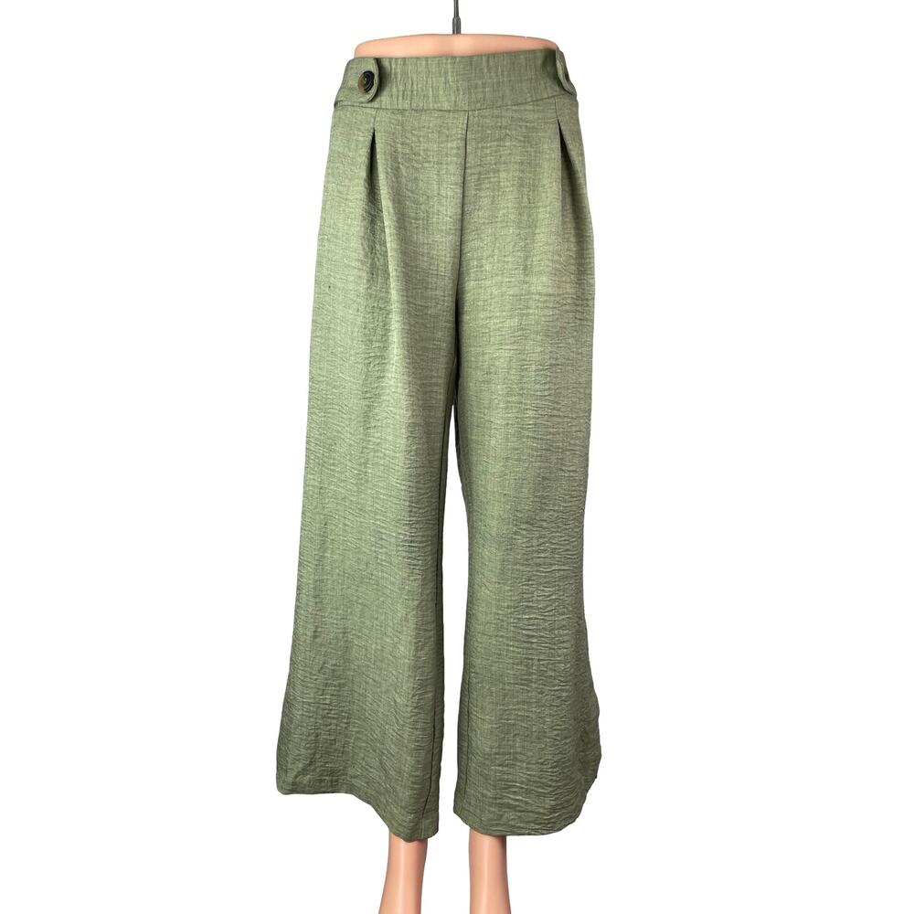 Wren Women's Green High Waisted Pleated Wide Leg Baggy Trousers Pants Size M